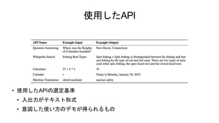 使用したAPI
• 使用したAPIの選定基準
• 入出力がテキスト形式
• 意図した使い方のデモが得られるもの
 
