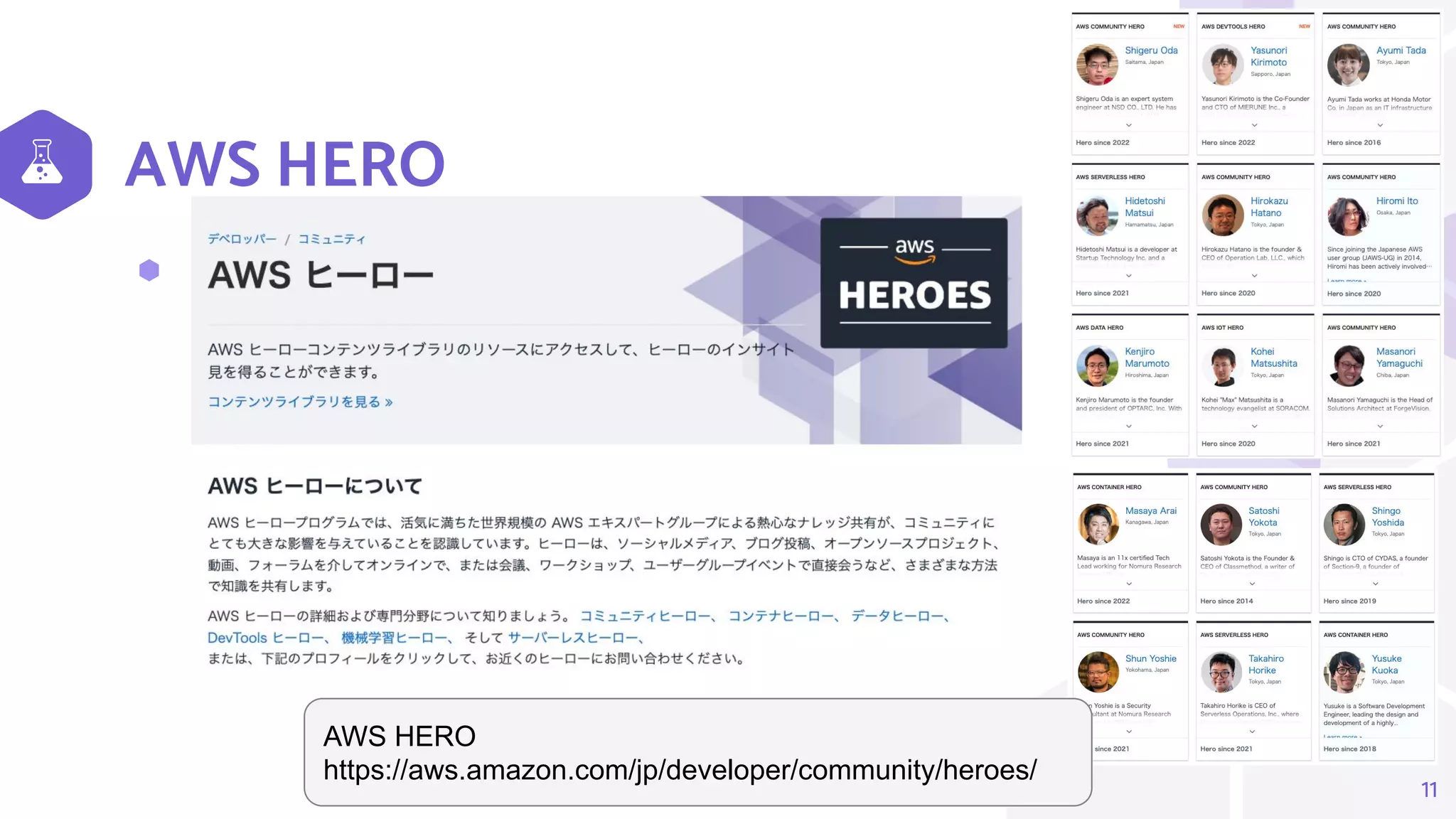 AWS HERO
11
⬢ AWS HEROとは
AWS HERO
https://aws.amazon.com/jp/developer/community/heroes/
 