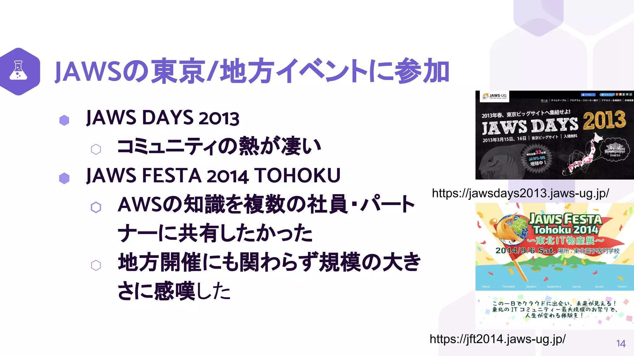 JAWSの東京/地方イベントに参加
⬢ JAWS DAYS 2013
⬡ コミュニティの熱が凄い
⬢ JAWS FESTA 2014 TOHOKU
⬡ AWSの知識を複数の社員・パート
ナーに共有したかった
⬡ 地方開催にも関わらず規模の大き
さに感嘆した
14
https://jawsdays2013.jaws-ug.jp/
https://jft2014.jaws-ug.jp/
 