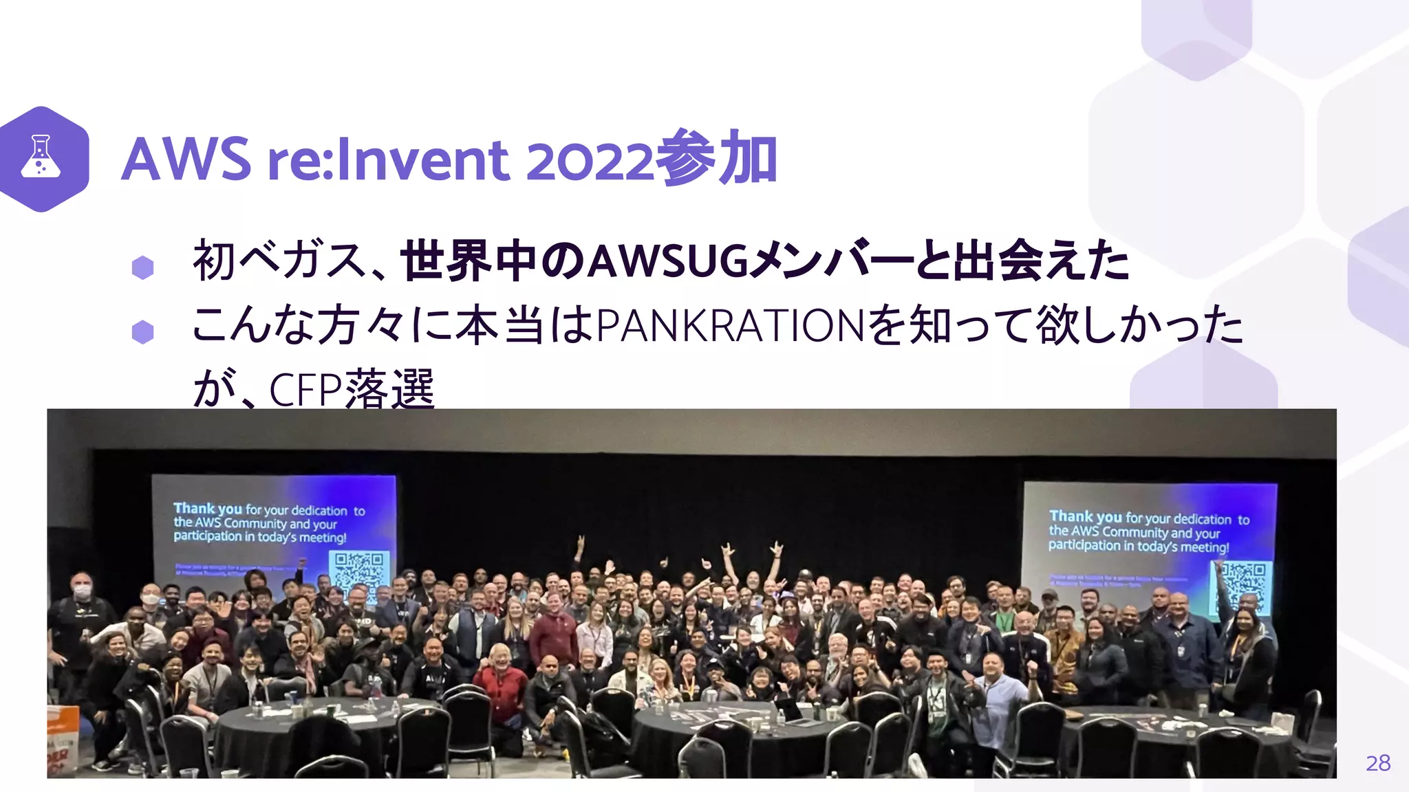 AWS re:Invent 2022参加
⬢ 初ベガス、世界中のAWSUGメンバーと出会えた
⬢ こんな方々に本当はPANKRATIONを知って欲しかった
が、CFP落選
28
 