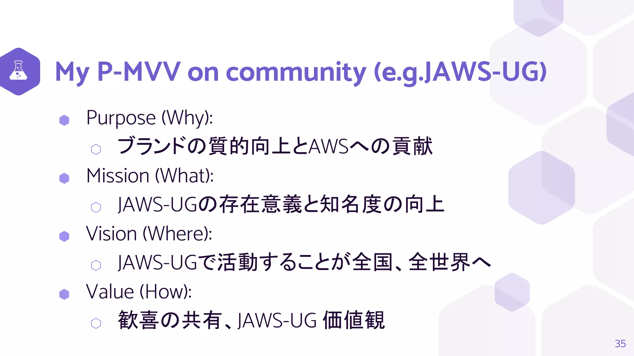 My P-MVV on community (e.g.JAWS-UG)
⬢ Purpose (Why):
⬡ ブランドの質的向上とAWSへの貢献
⬢ Mission (What):
⬡ JAWS-UGの存在意義と知名度の向上
⬢ Vision (Where):
⬡ JAWS-UGで活動することが全国、全世界へ
⬢ Value (How):
⬡ 歓喜の共有、JAWS-UG 価値観
35
 