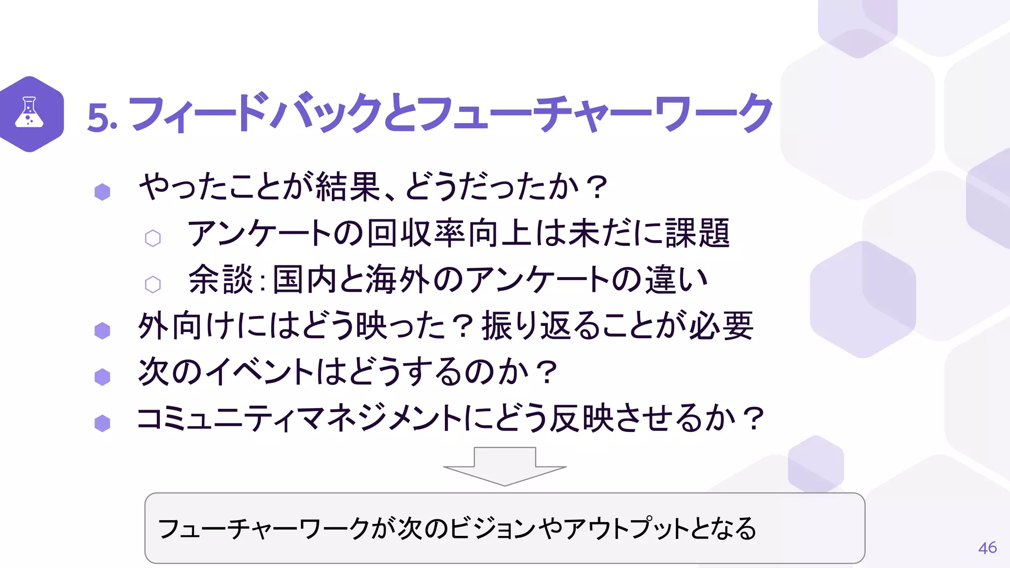 5. フィードバックとフューチャーワーク
⬢ やったことが結果、どうだったか？
⬡ アンケートの回収率向上は未だに課題
⬡ 余談：国内と海外のアンケートの違い
⬢ 外向けにはどう映った？振り返ることが必要
⬢ 次のイベントはどうするのか？
⬢ コミュニティマネジメントにどう反映させるか？
46
フューチャーワークが次のビジョンやアウトプットとなる
 