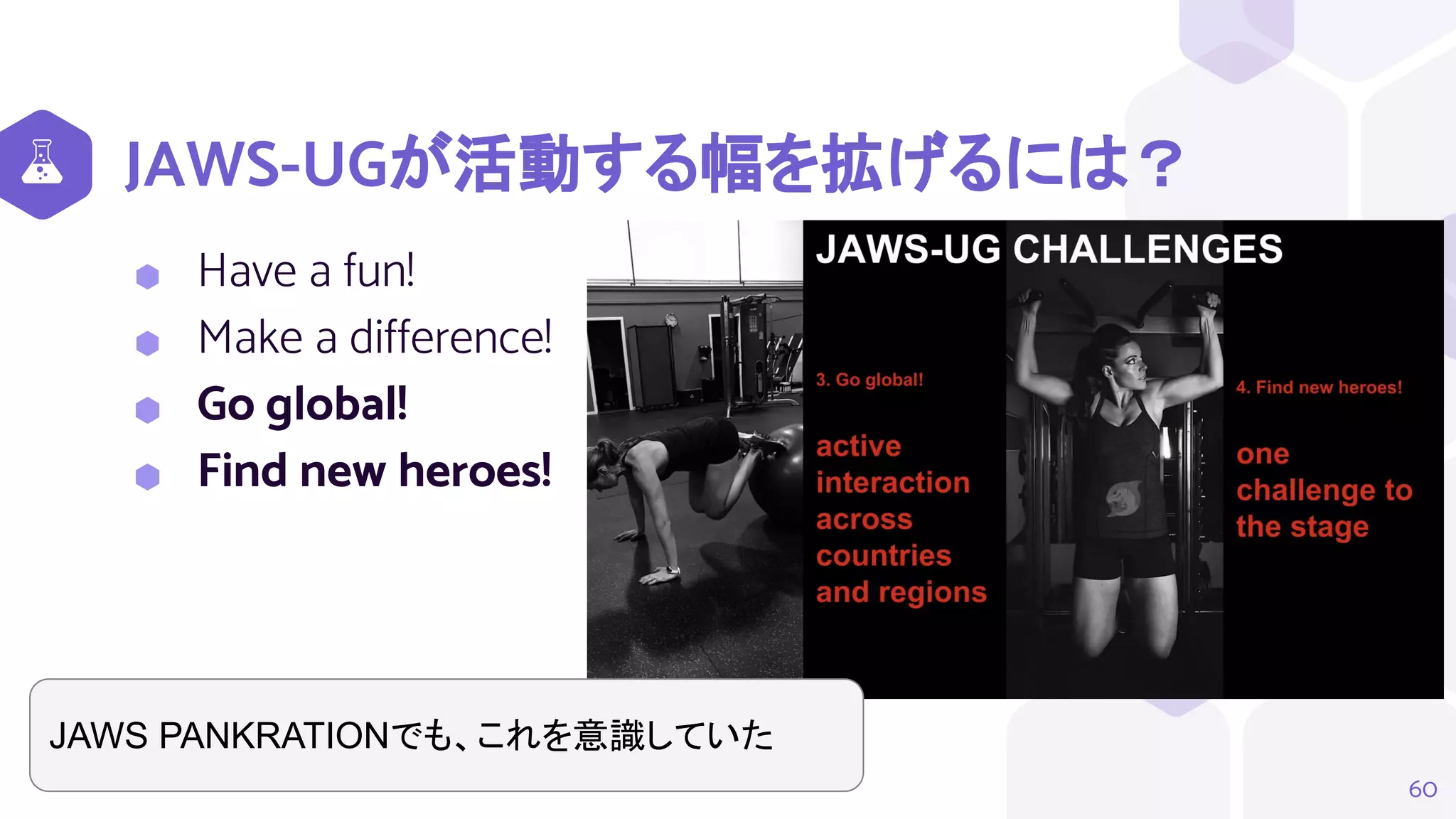 JAWS-UGが活動する幅を拡げるには？
⬢ Have a fun!
⬢ Make a difference!
⬢ Go global!
⬢ Find new heroes!
60
JAWS PANKRATIONでも、これを意識していた
 