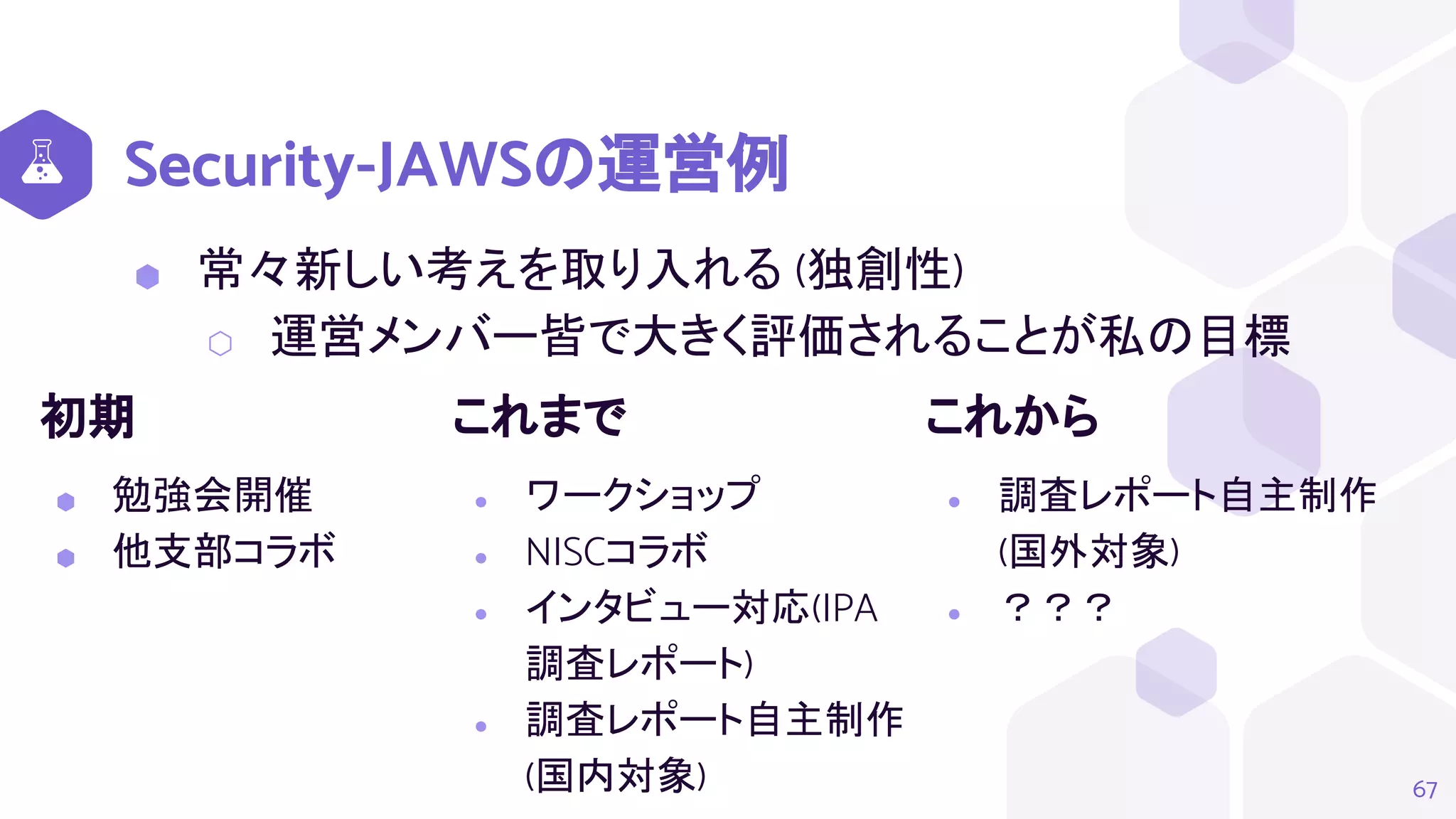 Security-JAWSの運営例
⬢ 常々新しい考えを取り入れる (独創性)
⬡ 運営メンバー皆で大きく評価されることが私の目標
67
初期
⬢ 勉強会開催
⬢ 他支部コラボ
これまで
● ワークショップ
● NISCコラボ
● インタビュー対応(IPA
調査レポート)
● 調査レポート自主制作
(国内対象)
これから
● 調査レポート自主制作
(国外対象)
● ？？？
 