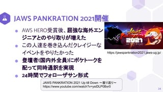 JAWS PANKRATION 2021開催
⬢ AWS HERO受賞後、屈強な海外エン
ジニアとのやり取りが増えた
⬢ この人達を巻き込んだクレイジーな
イベントをやりたかった
⬢ 登壇者(国内外全員)にポケトークを
配って同時通訳を実現
⬢ 24時間でフォローザサン形式
24
https://jawspankration2021.jaws-ug.jp/
JAWS PANKRATION 2021 Up till Down ～振り返り～
https://www.youtube.com/watch?v=ysiDLP0Bxr0
 