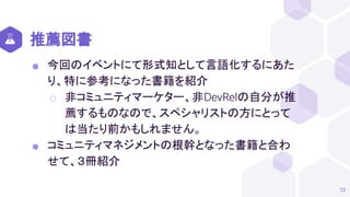 推薦図書
⬢ 今回のイベントにて形式知として言語化するにあた
り、特に参考になった書籍を紹介
⬡ 非コミュニティマーケター、非DevRelの自分が推
薦するものなので、スペシャリストの方にとって
は当たり前かもしれません。
⬢ コミュニティマネジメントの根幹となった書籍と合わ
せて、３冊紹介
72
 