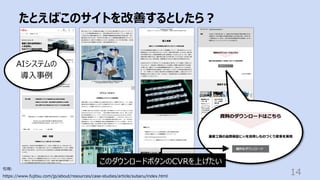 たとえばこのサイトを改善するとしたら︖
14
引⽤:
https://www.fujitsu.com/jp/about/resources/case-studies/article/subaru/index.html
AIシステムの
導⼊事例
このダウンロードボタンのCVRを上げたい
 