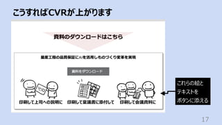 こうすればCVRが上がります
17
印刷して上司への説明に 印刷して稟議書に添付して 印刷して会議資料に
これらの絵と
テキストを
ボタンに添える
 