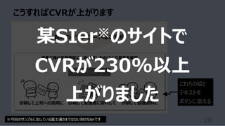 こうすればCVRが上がります
18
印刷して上司への説明に 印刷して稟議書に添付して 印刷して会議資料に
これらの絵と
テキストを
ボタンに添える
某SIer※のサイトで
CVRが230%以上
上がりました
※今回のサンプルに出している富⼠通さまではない別のSIerです
 