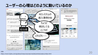 ユーザーの⼼理はどのように動いているのか
20
引⽤:
https://www.fujitsu.com/jp/about/resources/case-studies/article/subaru/index.html
AIシステムの
導⼊事例かあ
ちょうど
検討してる
ところだ
どれどれ・・・
担当者
 