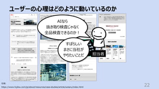 ユーザーの⼼理はどのように動いているのか
22
引⽤:
https://www.fujitsu.com/jp/about/resources/case-studies/article/subaru/index.html
AIなら
抜き取り検査じゃなく
全品検査できるのか︕
すばらしい
まさに当社が
やりたいことだ 担当者
 