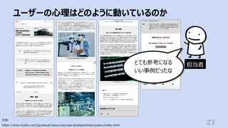 ユーザーの⼼理はどのように動いているのか
23
引⽤:
https://www.fujitsu.com/jp/about/resources/case-studies/article/subaru/index.html
とても参考になる
いい事例だったな
担当者
 