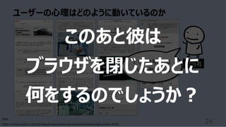 ユーザーの⼼理はどのように動いているのか
24
引⽤:
https://www.fujitsu.com/jp/about/resources/case-studies/article/subaru/index.html
とても参考になる
いい事例だったな
担当者
このあと彼は
ブラウザを閉じたあとに
何をするのでしょうか︖
 