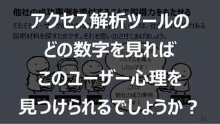 他社の成功事例を添付することで説得⼒をもたせる
31
担当者
AIによる品質管理
システムを導⼊
したいです︕
上司
関連部署
決裁者
そもそもユーザーが他社の成功事例を⾒ているのは、社内への説得⼒ある
説明材料を探すためです。それを思い出させてあげましょう。
これが
他社の成功事例
です︕
アクセス解析ツールの
どの数字を⾒れば
このユーザー⼼理を
⾒つけられるでしょうか︖
 