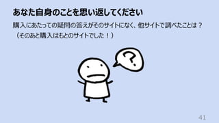 あなた⾃⾝のことを思い返してください
41
購⼊にあたっての疑問の答えがそのサイトになく、他サイトで調べたことは︖
（そのあと購⼊はもとのサイトでした︕）
 