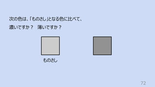 72
次の⾊は、「ものさし」となる⾊に⽐べて、
濃いですか︖ 薄いですか︖
ものさし
 