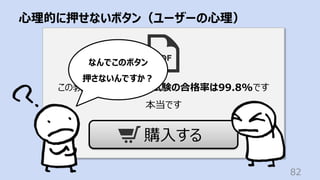 ⼼理的に押せないボタン（ユーザーの⼼理）
82
この教材を購⼊した⼈の試験の合格率は99.8%です
本当です
購⼊する
なんでこのボタン
押さないんですか︖
 