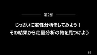 86
じっさいに定性分析をしてみよう︕
その結果から定量分析の軸を⾒つけよう
第2部
 