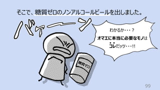 99
そこで、糖質ゼロのノンアルコールビールを出しました。
わかるか・・・︖
オマエに本当に必要なモノは
コレだッツ・・・!!
糖質ゼロ
 