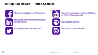 PMI Capítulo México – Redes Sociales
24 MARCH 2023
¿Cómo cargar mis PDUs? 13
https://www.facebook.com/PMIMexico/
https://www.linkedin.com/company/pmi-
capitulo-mexico/
https://twitter.com/Pmicapitulomex
https://www.youtube.com/channel/UCXaA
gtn6bFmW-GBneJwmqQw
https://spoti.fi/3riB1dR
https://issuu.com/pmi-mexico
 
