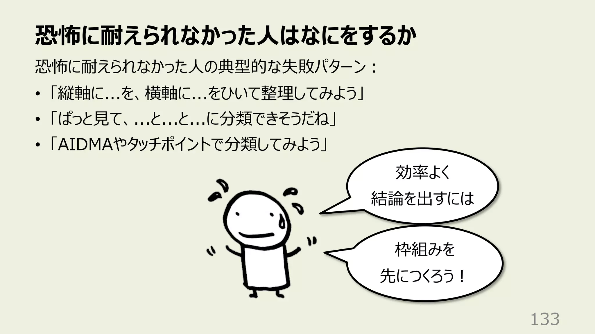 恐怖に耐えられなかった⼈はなにをするか
133
恐怖に耐えられなかった⼈の典型的な失敗パターン︓
• 「縦軸に...を、横軸に...をひいて整理してみよう」
• 「ぱっと⾒て、...と...と...に分類できそうだね」
• 「AIDMAやタッチポイントで分類してみよう」
効率よく
結論を出すには
枠組みを
先につくろう︕
 