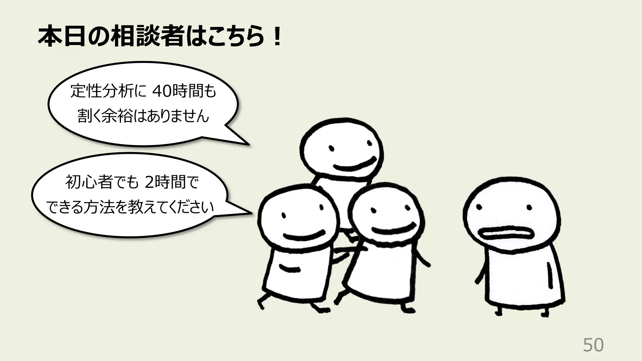 本⽇の相談者はこちら︕
50
定性分析に 40時間も
割く余裕はありません
初⼼者でも 2時間で
できる⽅法を教えてください
 