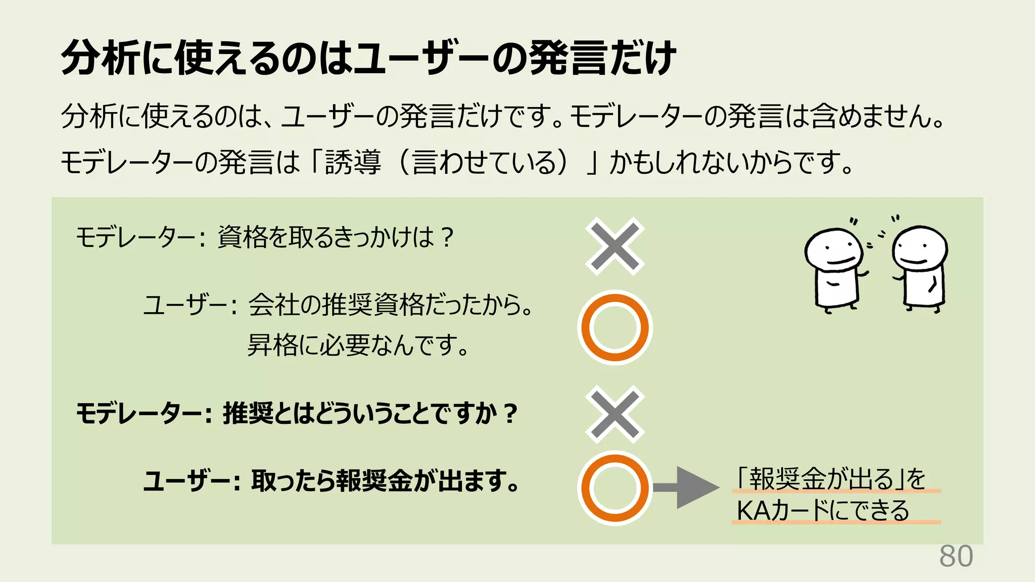 分析に使えるのはユーザーの発⾔だけ
80
分析に使えるのは、ユーザーの発⾔だけです。モデレーターの発⾔は含めません。
モデレーターの発⾔は 「誘導（⾔わせている）」 かもしれないからです。
モデレーター: 資格を取るきっかけは︖
ユーザー: 会社の推奨資格だったから。
昇格に必要なんです。
モデレーター: 推奨とはどういうことですか︖
ユーザー: 取ったら報奨⾦が出ます。 「報奨⾦が出る」を
KAカードにできる
 