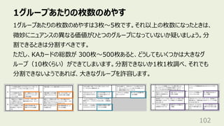 1グループあたりの枚数のめやす
102
1グループあたりの枚数のめやすは3枚〜5枚です。それ以上の枚数になったときは、
微妙にニュアンスの異なる価値がひとつのグループになっていないか疑いましょう。分
割できるときは分割すべきです。
ただし、KAカードの総数が 300枚〜500枚あると、どうしてもいくつかは⼤きなグ
ループ（10枚くらい）ができてしまいます。分割できないか1枚1枚調べ、それでも
分割できないようであれば、⼤きなグループを許容します。
 