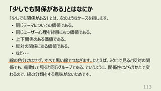 「少しでも関係がある」とはなにか
113
「少しでも関係がある」 とは、次のようなケースを指します。
• 同じテーマについての価値である。
• 同じユーザー⼼理を背景にもつ価値である。
• 上下関係のある価値である。
• 反対の関係にある価値である。
• など・・・
線の⾊分けはせず、すべて⿊い線でつなぎます。たとえば、ミクロで⾒ると反対の関
係でも、俯瞰して⾒ると同じグループである、というように、関係性はとらえかたで変
わるので、線の分類をする意味がないためです。
 