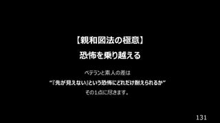 131
【親和図法の極意】
恐怖を乗り越える
ベテランと素⼈の差は
“『先が⾒えない』という恐怖にどれだけ耐えられるか”
その1点に尽きます。
 