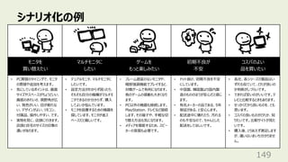 シナリオ化の例
149
モニタを
買い替えたい
マルチモニタに
したい
ゲームを
もっと楽しみたい
初期不良が
不安
コスパのよい
品を買いたい
• PC買替のタイミングで、モニタ
の買替や追加を考えます。
• 気にしているポイントは、画⾯
サイズやスペースがちょうどいい、
画⾯のきれいさ、視野⾓が広
い、発⾊がいい、⽬が疲れな
い、デザインがよい、リモコン、
付属品、操作しやすい、です。
• 実物を⾒に、店頭に⾏きます。
店頭と⾃宅のサイズの印象の
違いがあります。
• デュアルモニタ、マルチモニタに
したいです。
• 設定⽅法がわからず困ったり、
そもそも⾃分の機種がマルチモ
ニタできるのか分からず、購⼊
してよいか悩んでいます。
• モニタを設置するための機器を
探しています。モニタが省ス
ペースだと嬉しいです。
• フレーム遅延のないモニタや、
暗部強調機能でプレイすると、
対戦ゲームで有利になります。
他のゲームの感動も⼤きくなり
ます。
• PC以外の機器も接続します。
PlayStation、テレビなど接続
します。その端⼦や、⼿軽な切
り替え⽅法も気になります。
• メディアを堪能するため、スピー
カーの⾳質も必要です。
• ドット抜け、初期不良を不安
にしています。
• 中国製、韓国製より国内製
造のもののほうが安⼼だと感じ
ます。
• 有名メーカーの品である、5年
保証がある、と安⼼します。
• 配送途中に壊れたり、汚れる
のも不安なので、ちゃんとした
配送をしてほしいです。
• 各社、各シリーズの製品はい
ずれも似ていて、どれが良いの
か判断がしづらいです。
• できれば安いのがいいです。テ
レビと⽐較するときもあります。
• せっかくだから良いものを、とも
思います。
• コスパの良いものがどれか、知
りたいです。⽐較サイトが⾒た
いです。
• 購⼊後、とりあえず満⾜します
が、違いはいまいち分かりませ
ん。
 