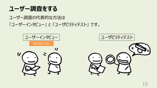 ユーザー調査をする
15
ユーザー調査の代表的な⽅法は
「ユーザーインタビュー」 と 「ユーザビリティテスト」 です。
ユーザーインタビュー ユーザビリティテスト
（本⽇はこちら）
 