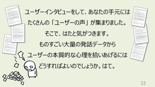 22
ユーザーインタビューをして、あなたの⼿元には
たくさんの 「ユーザーの声」 が集まりました。
そこで、はたと気がつきます。
ものすごい⼤量の発話データから
ユーザーの本質的な⼼理を拾いあげるには
どうすればよいのでしょうか。はて。
 