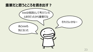 重要だと思うところを書き出す︖
23
あとxxxも
気になった
xxxは仮説として考えていた
とおりだったから重要だな
それくらいかなー
 