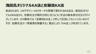浅⽥⽒オリジナルKA法と安藤流KA法
43
前述のとおり、UXデザイン・UXリサーチの現場で使われるKA法は、浅⽥⽒オリジ
ナルのKA法から、安藤先⽣が質的分析に合うように⼿法の根本部分をカスタマイ
ズしています。その意味では 「安藤流KA法」 と呼んで区別してもいいくらいなので
すが、安藤先⽣の 「発案者を尊重する」 意志により 「KA法」 と呼ばれています。
 