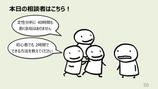 本⽇の相談者はこちら︕
50
定性分析に 40時間も
割く余裕はありません
初⼼者でも 2時間で
できる⽅法を教えてください
 