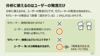 分析に使えるのはユーザーの発⾔だけ
80
分析に使えるのは、ユーザーの発⾔だけです。モデレーターの発⾔は含めません。
モデレーターの発⾔は 「誘導（⾔わせている）」 かもしれないからです。
モデレーター: 資格を取るきっかけは︖
ユーザー: 会社の推奨資格だったから。
昇格に必要なんです。
モデレーター: 推奨とはどういうことですか︖
ユーザー: 取ったら報奨⾦が出ます。 「報奨⾦が出る」を
KAカードにできる
 