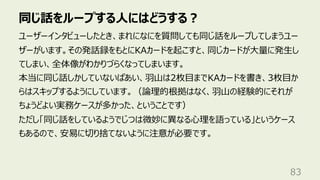 同じ話をループする⼈にはどうする︖
83
ユーザーインタビューしたとき、まれになにを質問しても同じ話をループしてしまうユー
ザーがいます。その発話録をもとにKAカードを起こすと、同じカードが⼤量に発⽣し
てしまい、全体像がわかりづらくなってしまいます。
本当に同じ話しかしていないばあい、⽻⼭は2枚⽬までKAカードを書き、3枚⽬か
らはスキップするようにしています。（論理的根拠はなく、⽻⼭の経験的にそれが
ちょうどよい実務ケースが多かった、ということです）
ただし「同じ話をしているようでじつは微妙に異なる⼼理を語っている」というケース
もあるので、安易に切り捨てないように注意が必要です。
 