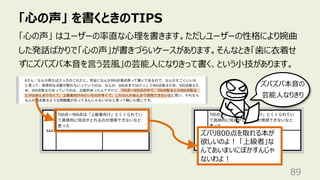 「⼼の声」 を書くときのTIPS
89
「⼼の声」 はユーザーの率直な⼼理を書きます。ただしユーザーの性格により婉曲
した発話ばかりで「⼼の声」が書きづらいケースがあります。そんなとき「⻭に⾐着せ
ずにズバズバ本⾳を⾔う芸⾵」の芸能⼈になりきって書く、という⼩技があります。
ズバリ800点を取れる本が
欲しいのよ︕ 「上級者」な
んてあいまいにぼかすんじゃ
ないわよ︕
ズバズバ本⾳の
芸能⼈なりきり
 