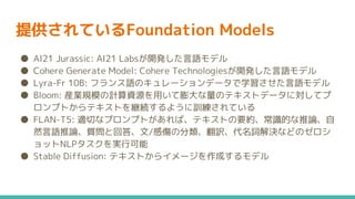提供されているFoundation Models
● AI21 Jurassic: AI21 Labsが開発した言語モデル
● Cohere Generate Model: Cohere Technologiesが開発した言語モデル
● Lyra-Fr 10B: フランス語のキュレーションデータで学習させた言語モデル
● Bloom: 産業規模の計算資源を用いて膨大な量のテキストデータに対してプ
ロンプトからテキストを継続するように訓練されている
● FLAN-T5: 適切なプロンプトがあれば、テキストの要約、常識的な推論、自
然言語推論、質問と回答、文/感傷の分類、翻訳、代名詞解決などのゼロシ
ョットNLPタスクを実行可能
● Stable Diffusion: テキストからイメージを作成するモデル
 