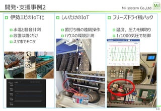 Mii system Co.,Ltd.
 伊勢エビのIoT化
 水温と騒音計測
 設置は置くだけ
 スマホでモニタ
開発・支援事例2
13
 しいたけのIoT
 菌打ち機の遠隔操作
 ハウスの環境計測
 フリーズドライ機ハック
 温度，圧力を横取り
 1/1000気圧で制御
 