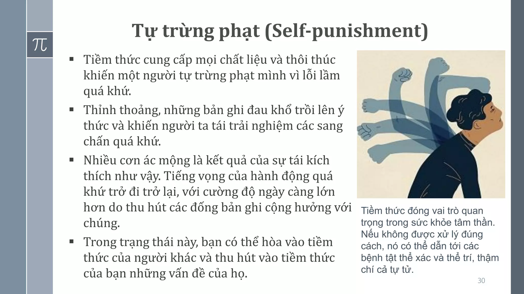 30
Tự trừng phạt (Self-punishment)
▪ Tiềm thức cung cấp mọi chất liệu và thôi thúc
khiến một người tự trừng phạt mình vì lỗi lầm
quá khứ.
▪ Thỉnh thoảng, những bản ghi đau khổ trồi lên ý
thức và khiến người ta tái trải nghiệm các sang
chấn quá khứ.
▪ Nhiều cơn ác mộng là kết quả của sự tái kích
thích như vậy. Tiếng vọng của hành động quá
khứ trở đi trở lại, với cường độ ngày càng lớn
hơn do thu hút các đống bản ghi cộng hưởng với
chúng.
▪ Trong trạng thái này, bạn có thể hòa vào tiềm
thức của người khác và thu hút vào tiềm thức
của bạn những vấn đề của họ.
Tiềm thức đóng vai trò quan
trọng trong sức khỏe tâm thần.
Nếu không được xử lý đúng
cách, nó có thể dẫn tới các
bệnh tật thể xác và thể trí, thậm
chí cả tự tử.
 