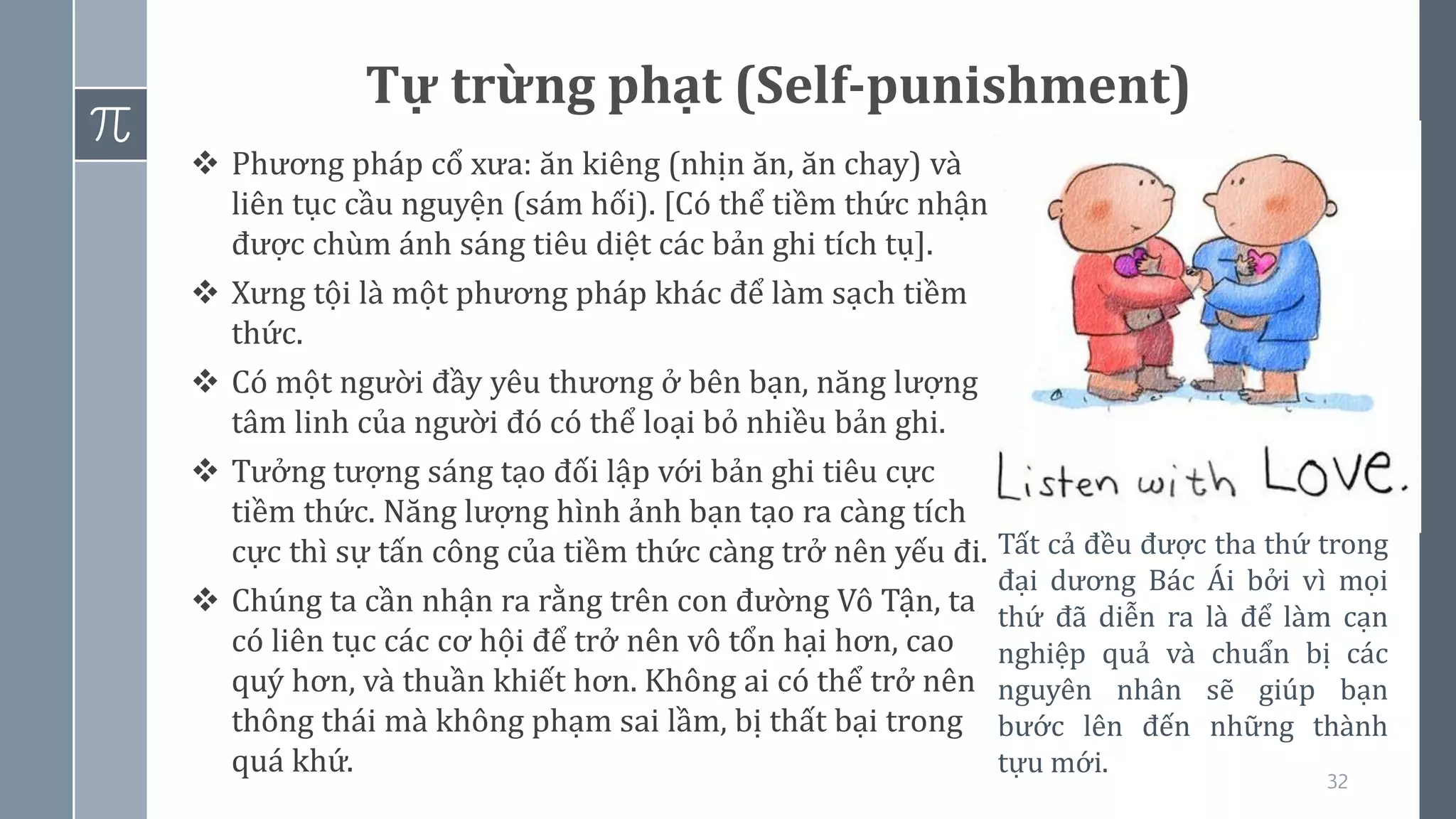 32
Tự trừng phạt (Self-punishment)
❖ Phương pháp cổ xưa: ăn kiêng (nhịn ăn, ăn chay) và
liên tục cầu nguyện (sám hối). [Có thể tiềm thức nhận
được chùm ánh sáng tiêu diệt các bản ghi tích tụ].
❖ Xưng tội là một phương pháp khác để làm sạch tiềm
thức.
❖ Có một người đầy yêu thương ở bên bạn, năng lượng
tâm linh của người đó có thể loại bỏ nhiều bản ghi.
❖ Tưởng tượng sáng tạo đối lập với bản ghi tiêu cực
tiềm thức. Năng lượng hình ảnh bạn tạo ra càng tích
cực thì sự tấn công của tiềm thức càng trở nên yếu đi.
❖ Chúng ta cần nhận ra rằng trên con đường Vô Tận, ta
có liên tục các cơ hội để trở nên vô tổn hại hơn, cao
quý hơn, và thuần khiết hơn. Không ai có thể trở nên
thông thái mà không phạm sai lầm, bị thất bại trong
quá khứ.
Tất cả đều được tha thứ trong
đại dương Bác Ái bởi vì mọi
thứ đã diễn ra là để làm cạn
nghiệp quả và chuẩn bị các
nguyên nhân sẽ giúp bạn
bước lên đến những thành
tựu mới.
 