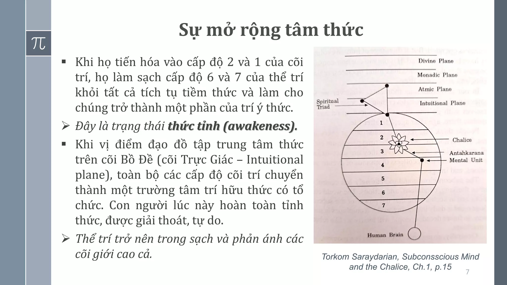 7
▪ Khi họ tiến hóa vào cấp độ 2 và 1 của cõi
trí, họ làm sạch cấp độ 6 và 7 của thể trí
khỏi tất cả tích tụ tiềm thức và làm cho
chúng trở thành một phần của trí ý thức.
➢ Đây là trạng thái thức tỉnh (awakeness).
▪ Khi vị điểm đạo đồ tập trung tâm thức
trên cõi Bồ Đề (cõi Trực Giác – Intuitional
plane), toàn bộ các cấp độ cõi trí chuyển
thành một trường tâm trí hữu thức có tổ
chức. Con người lúc này hoàn toàn tỉnh
thức, được giải thoát, tự do.
➢ Thể trí trở nên trong sạch và phản ánh các
cõi giới cao cả.
Sự mở rộng tâm thức
Torkom Saraydarian, Subconsscious Mind
and the Chalice, Ch.1, p.15
 