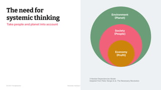 © 2023 Thoughtworks Alexander Steinhart | @quanders
The need for
systemic thinking
18
Take people and planet into account
3 Nested Dependencies Model
Adapted from Peter Senge et al, The Necessary Revolution
Environment
(Planet)
Society
(People)
Economy
(Profit)
 