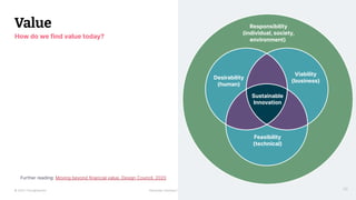 © 2023 Thoughtworks Alexander Steinhart | @quanders
Value
20
How do we find value today?
Sustainable
Innovation
Desirability
(human)
Viability
(business)
Feasibility
(technical)
Responsibility
(individual, society,
environment)
Further reading: Moving beyond financial value, Design Council, 2020
 