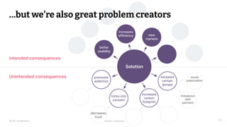 © 2023 Thoughtworks Alexander Steinhart | @quanders 33
Intended consequences
Unintended consequences
increases
carbon
footprint
excludes
certain
groups
decreases
trust
promotes
addiction
tricks into
consent
increases
efficiency
social
polarization
new
markets
better
usability
Solution
…but we’re also great problem creators
imbalance
with
partners
 