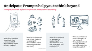 © 2023 Thoughtworks Alexander Steinhart | @quanders
36
Anticipate: Prompts help you to think beyond
What could this mean
to people in their
professional life?
How could this affect
different markets?
What could this mean if
everyone in the world
were doing it?
How could this affect
the communities you
operate in?
What could this mean
for wellbeing or
relationships?
Who else does your
user experience your
product with?
What could this mean
to the consumers of
your product?
Have you considered
security, reliability,
support & monitoring,
understandability?
Prompts provided by DotEveryone’s Consequence Scanning
 