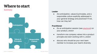 © 2023 Thoughtworks Alexander Steinhart | @quanders 54
Anticipation
Values &
Principles
Responsible
Culture
Where to start
Summary
Values &
Principles
Leader
● Are anticipation, values & principles, and a
responsible culture explicitly addressed in
your general strategy and practices? If not,
how can they be?
Practitioner
● Do an anticipation session (see playbook) on
your product, and/or
● transform one company values into a product
principle and start working with it, and/or
● discuss who should be your next team
member to increase your team’s diversity.
 