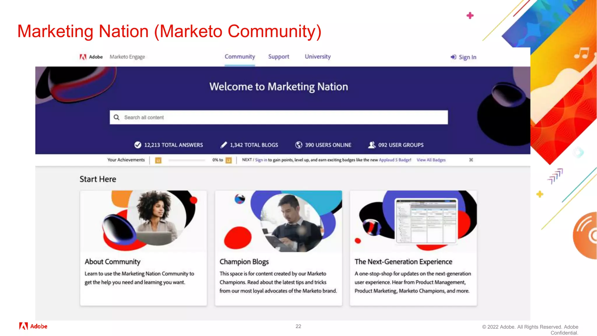 © 2022 Adobe. All Rights Reserved. Adobe
Confidential.
22
Marketing Nation (Marketo Community)
 